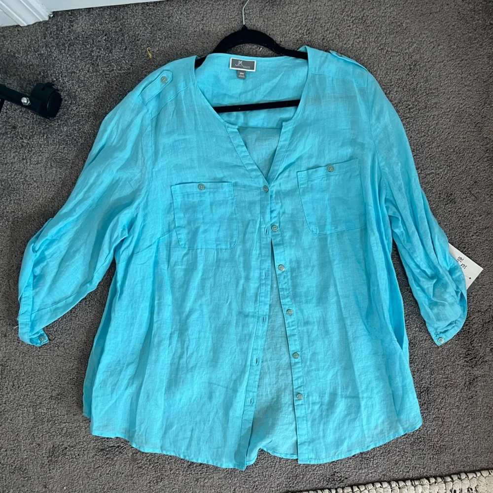 JM Collection Turquoise Button-Down Shirt - Picture 7 of 7
